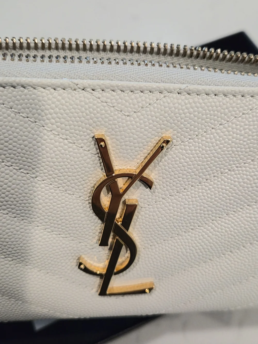 Saint Laurent White Quilted Zip-Around Wallet with Gold YSL Logo